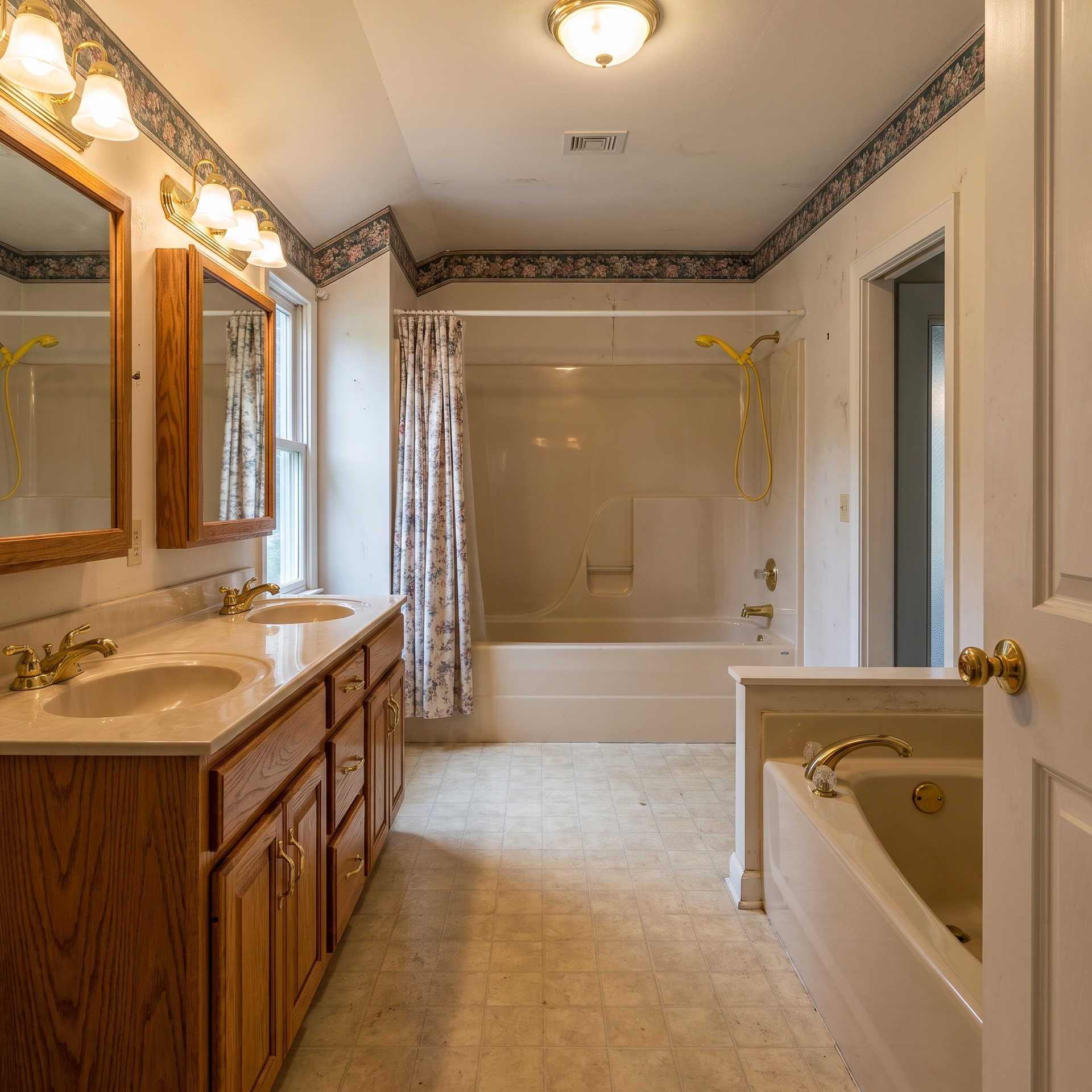 The same bathroom before renovation — dated tub surround and vinyl floor