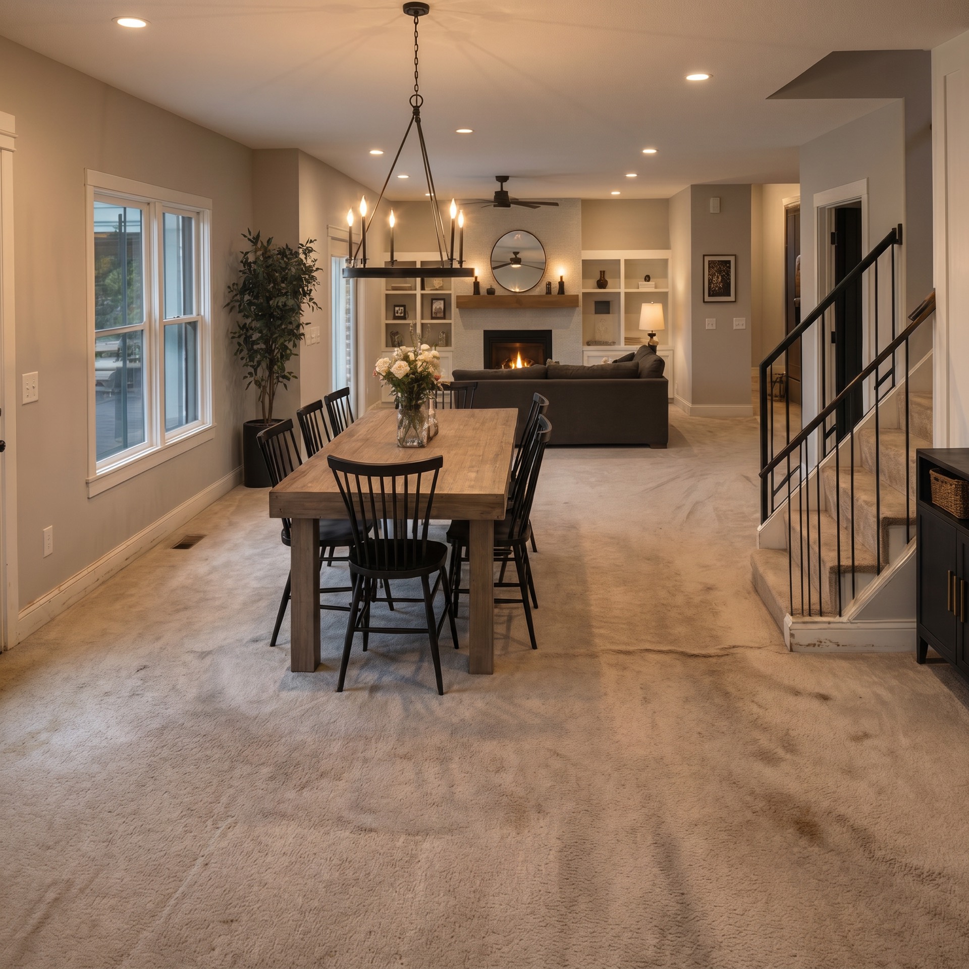 The same living area before — worn carpet