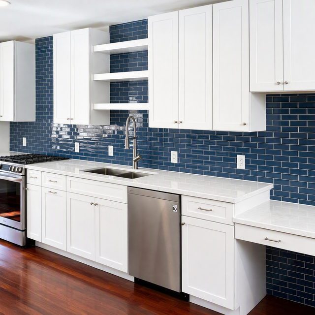 Navy glass subway backsplash run full height in a kitchen