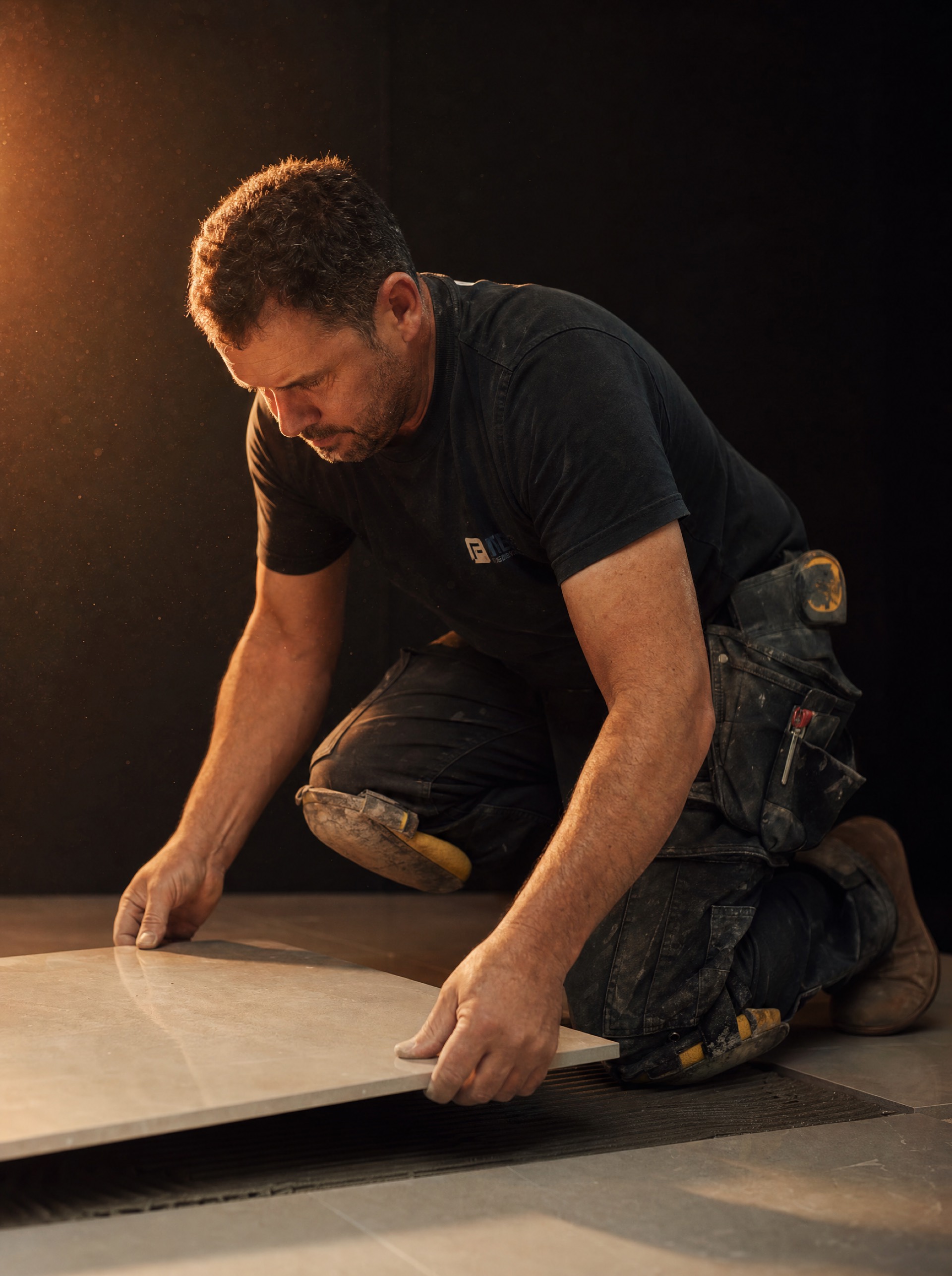 Tim setting large-format porcelain tile, lit by warm workshop light