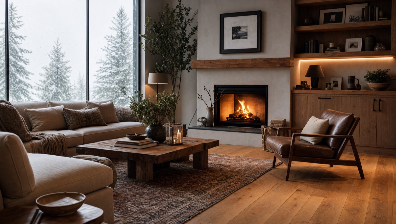 A warm Minnesota living room with new wood floors and snow outside