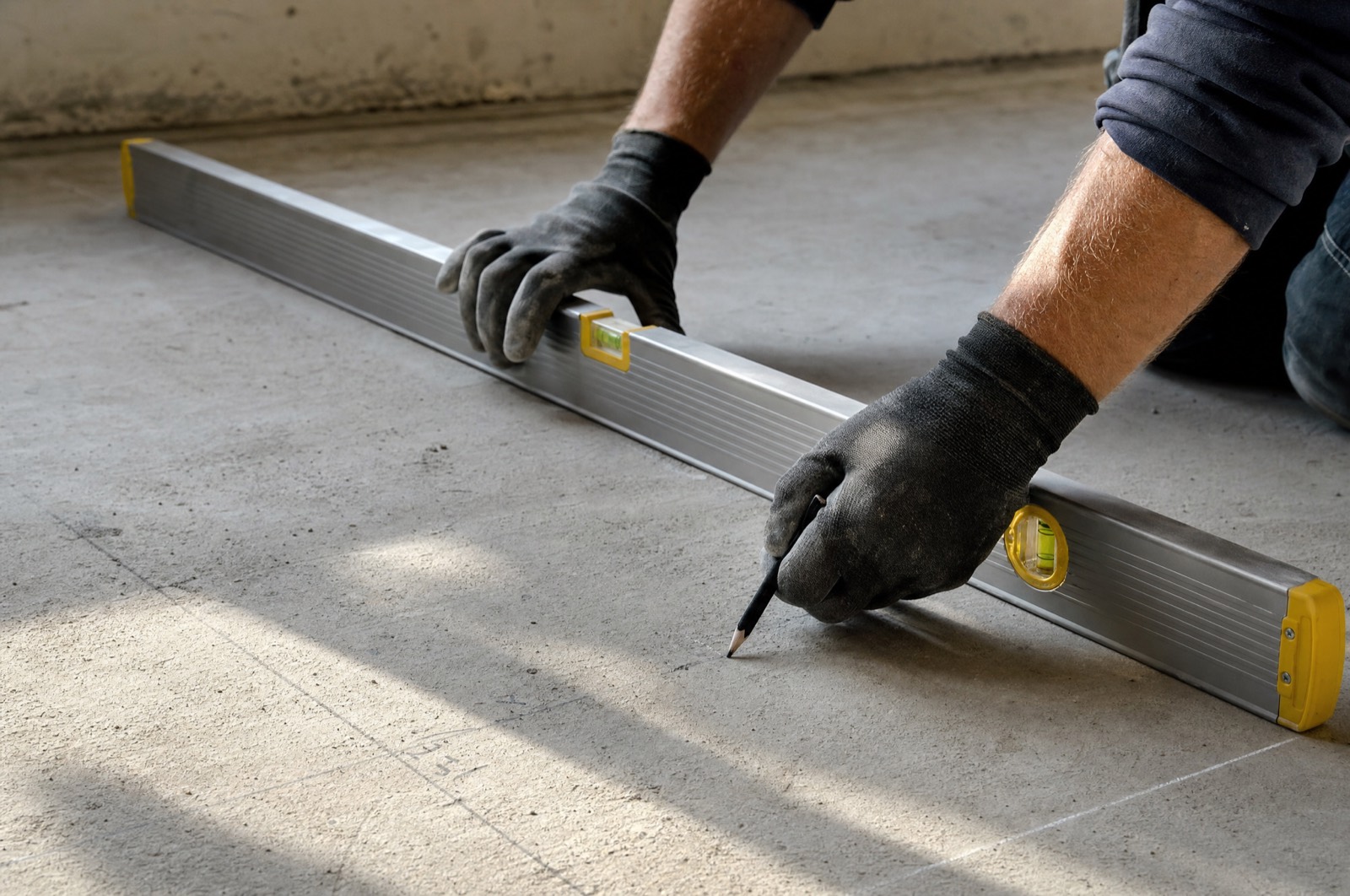A flooring professional checking a concrete subfloor for flatness with a straightedge and spirit level