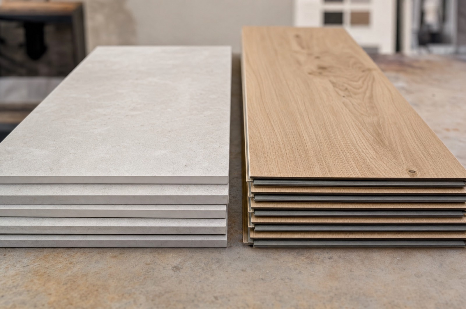 Porcelain tile stacked beside oak-look luxury vinyl planks