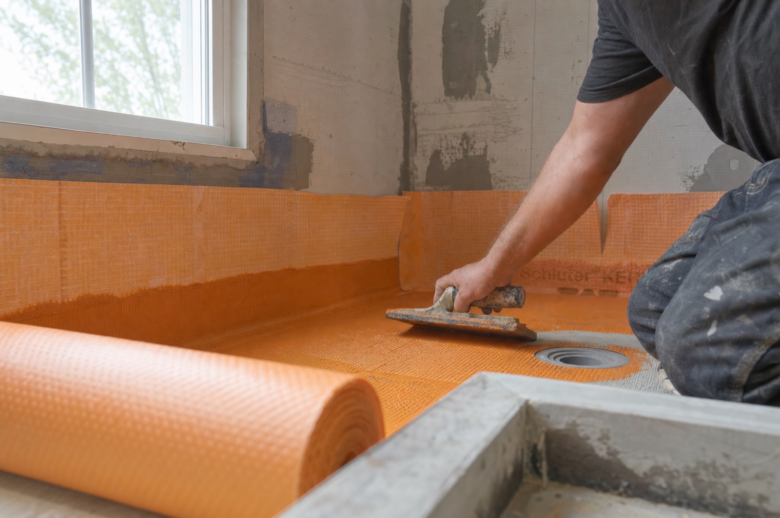 A shower pan being waterproofed with orange membrane
