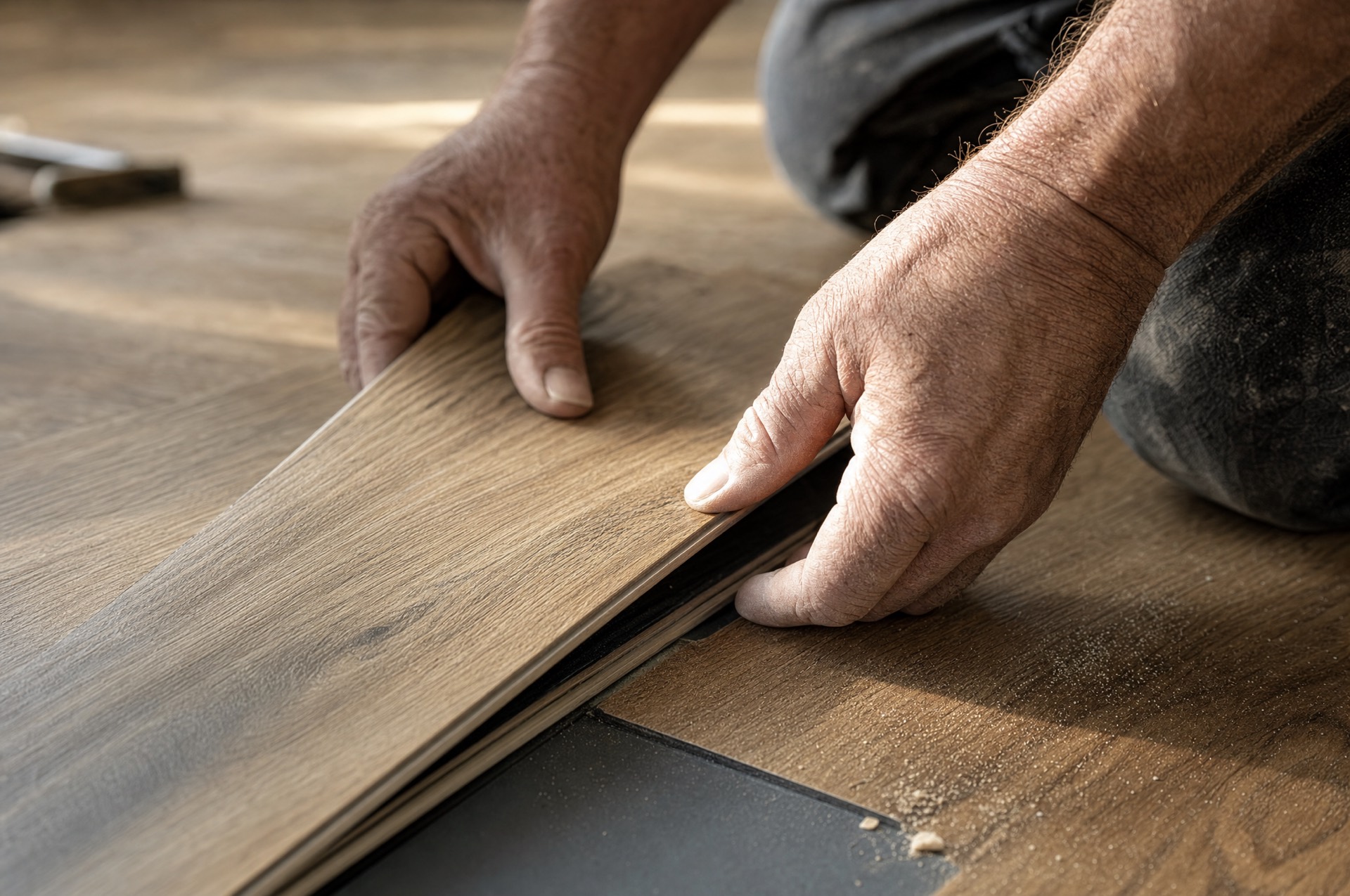 Hands clicking a wide luxury vinyl plank into place
