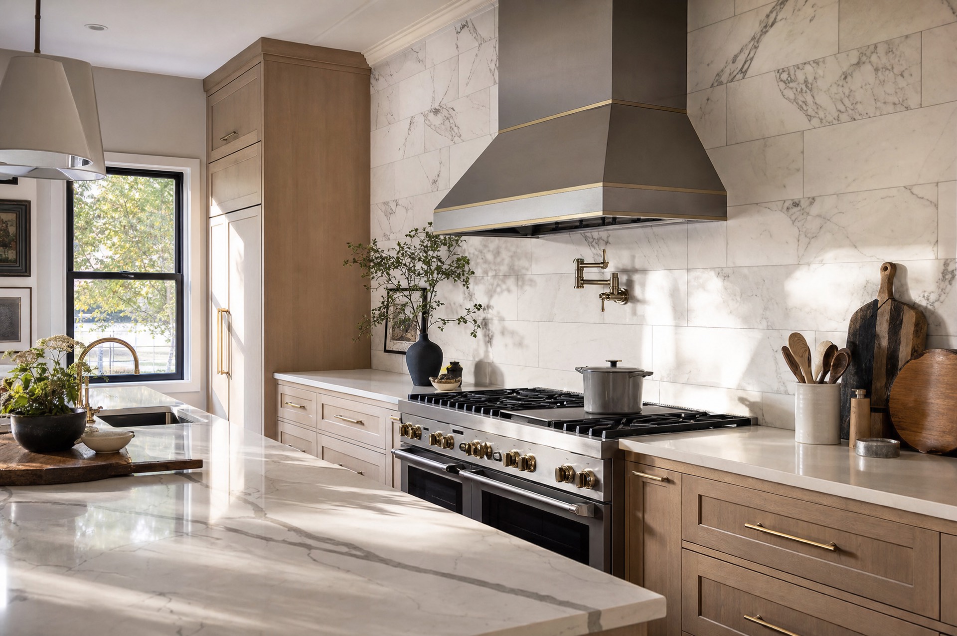 Full-height marble-look tile backsplash in a chef's kitchen