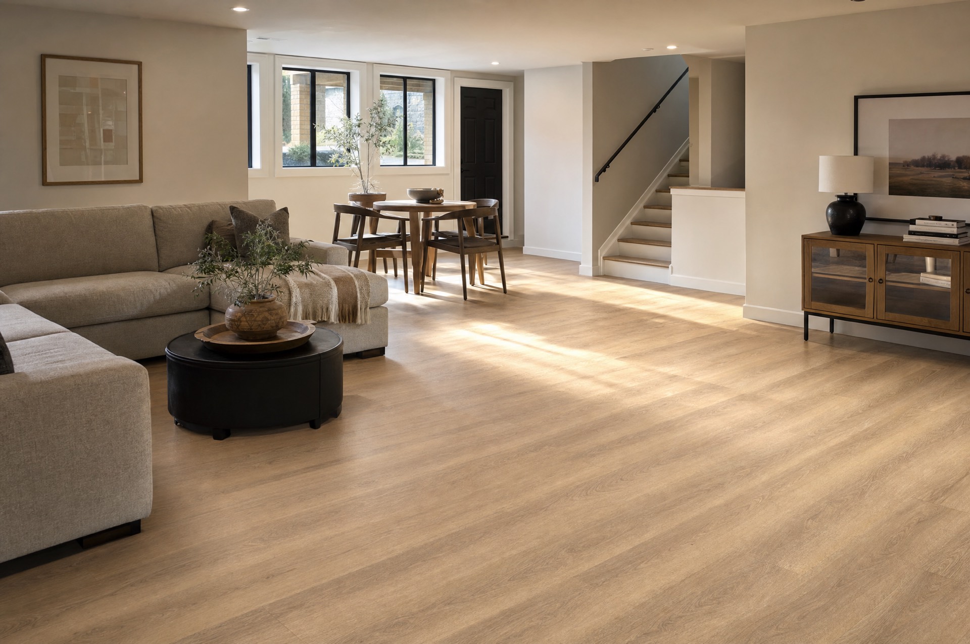 Wide-plank luxury vinyl flooring in a bright family room