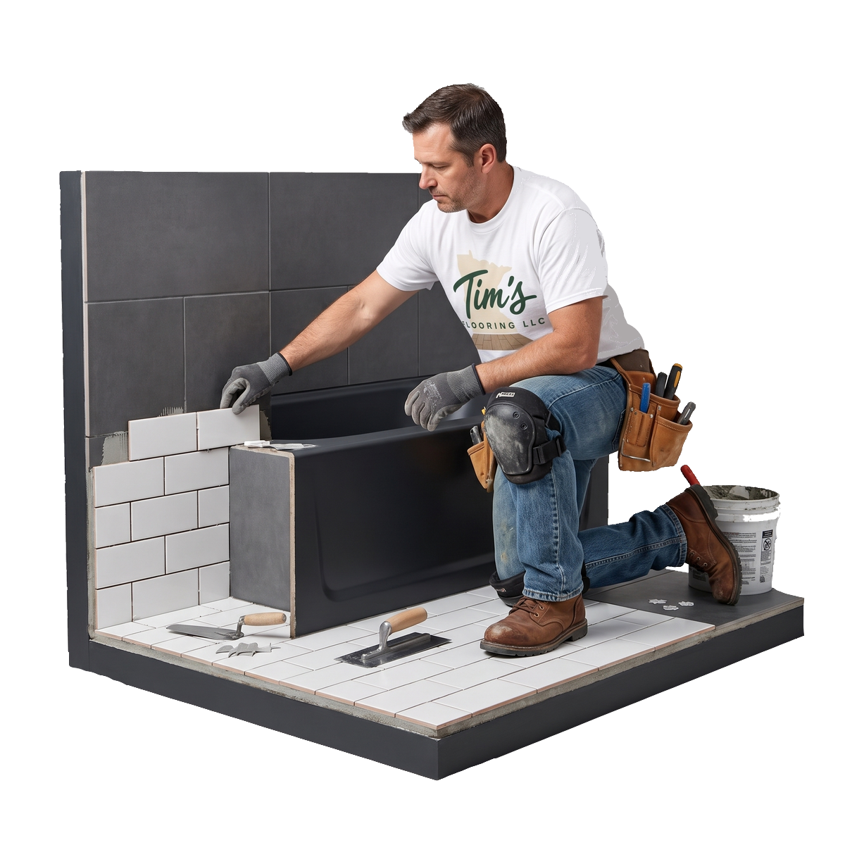Tile setter tiling a bathtub surround