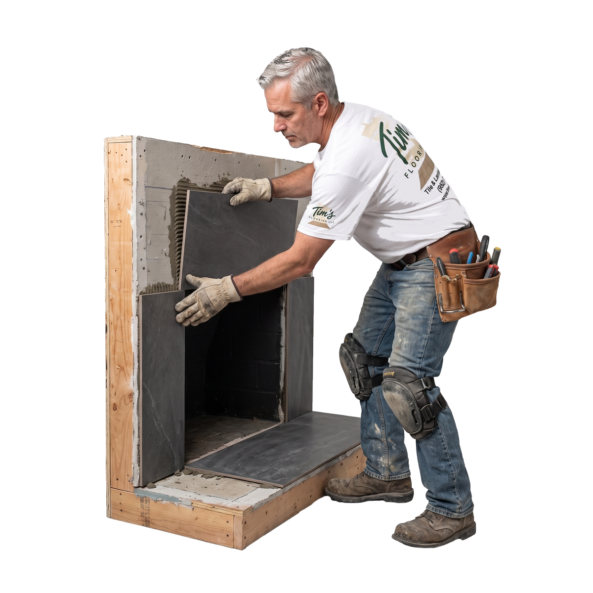 Tile setter tiling a fireplace surround