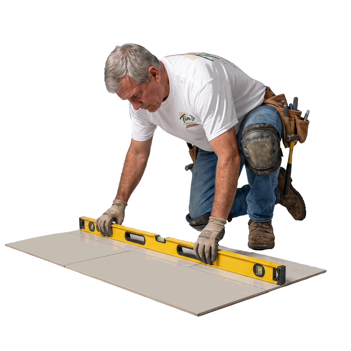 Installer reading a spirit level across freshly laid tile