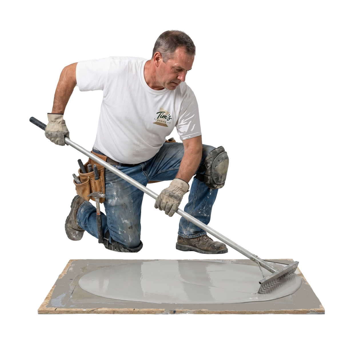 Installer raking self-leveling compound across a floor