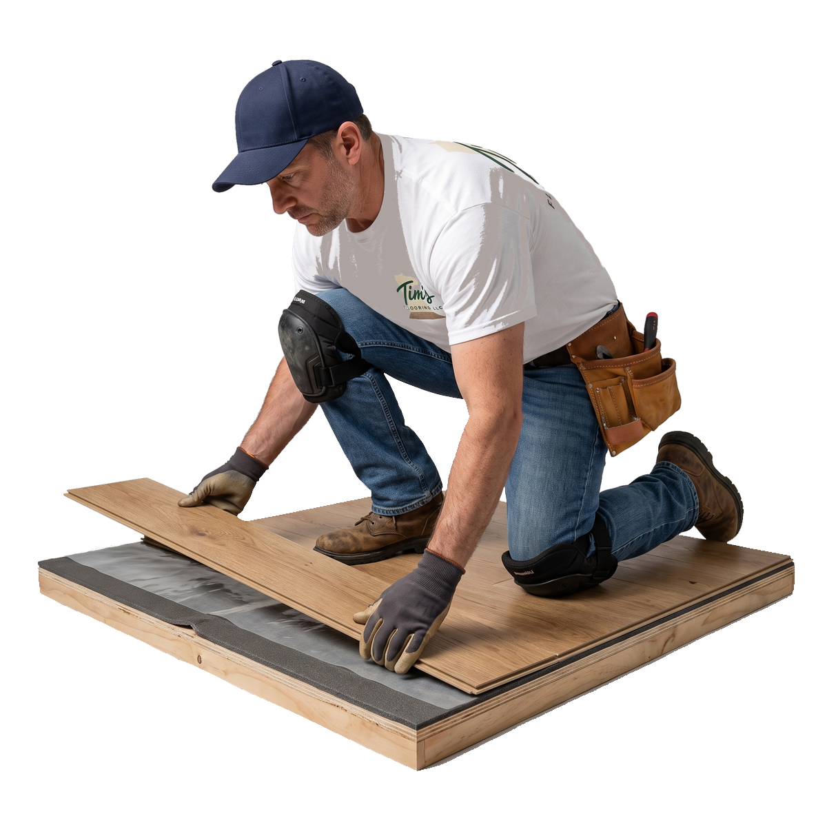 Installer clicking a laminate plank into a partially laid row