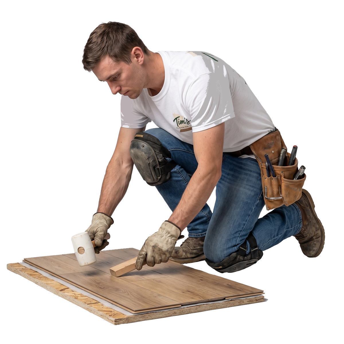 Installer tapping a plank tight on a partially installed floor