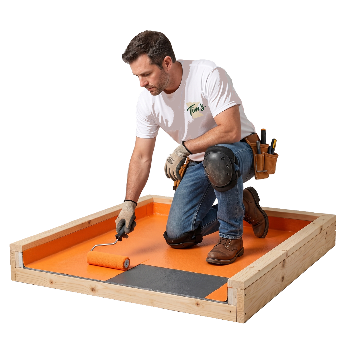 Installer rolling waterproofing membrane onto a shower wall