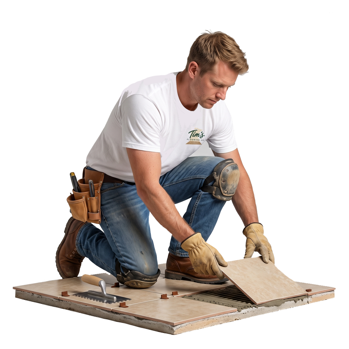 Installer laying ceramic tile on a partially tiled floor