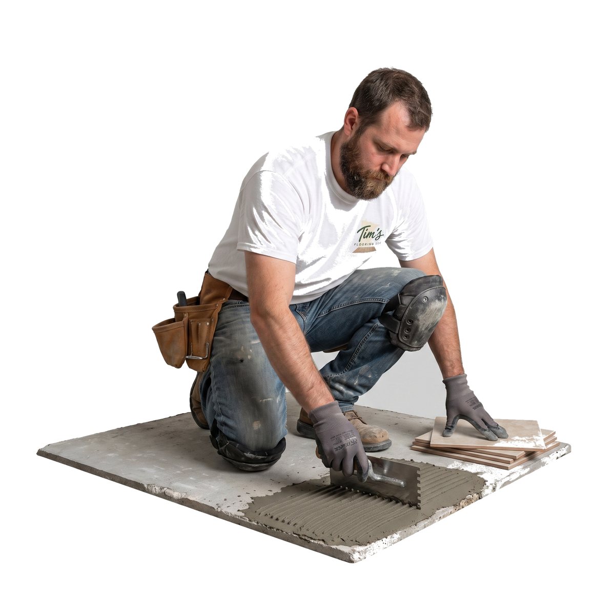 Installer spreading thinset beside a stack of porcelain tiles